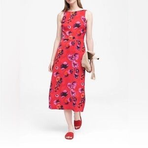 NWOT Banana Republic Red Floral Midi Dress V back boat neck Size 14